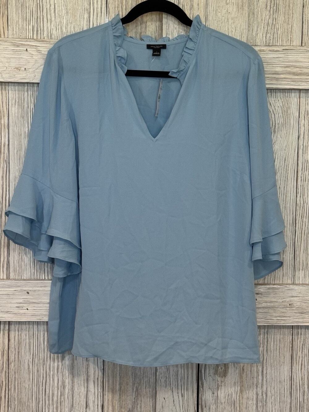 Ann Taylor Factory Blue Blouse Size Large Top Bell Ruffle Sleeves Vneck